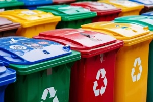 array of recycling bins