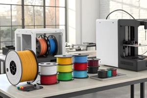 3D printers and colorful filaments in modern workspace