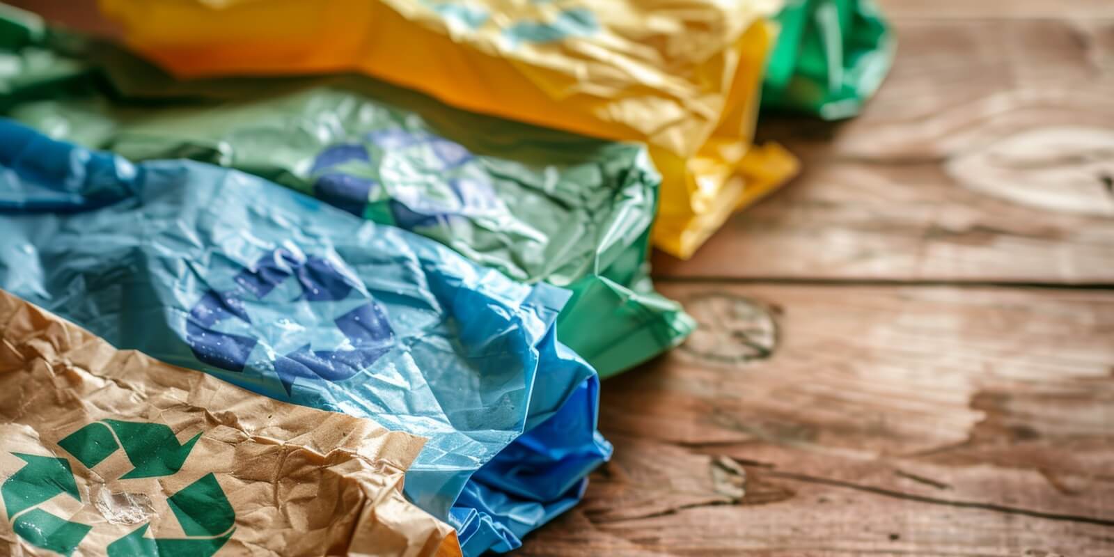 close-up shot of colorful, eco-friendly biodegradable plastic bags arranged on a wooden surface