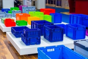 colorful plastic boxes, containers, crates at storage, warehouse, exhibition