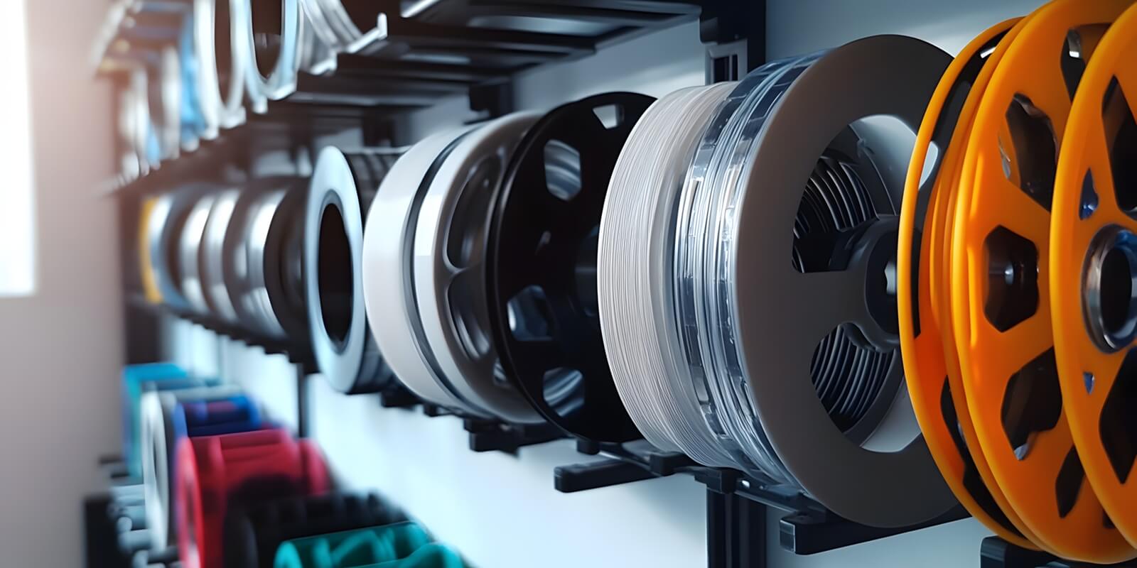multicolored filaments of plastic for printing on 3D printer close-up